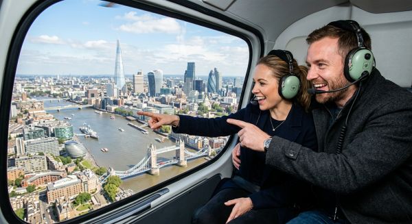 Couple enjoying a helicopter tour over London